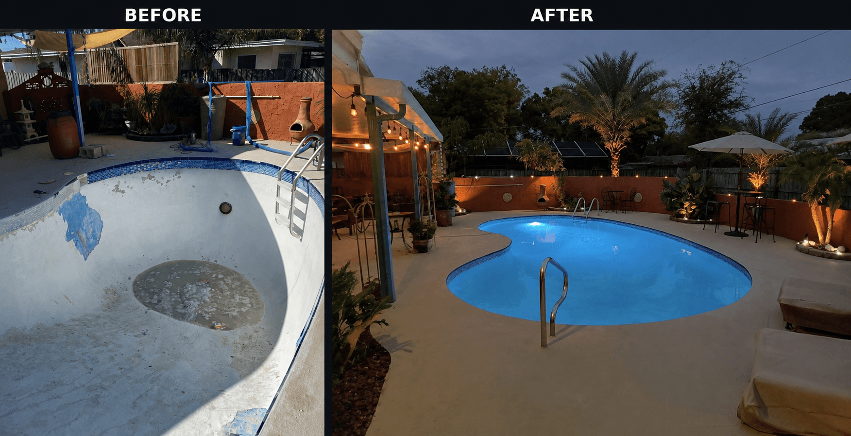 Before and after fiberglass pool resurfacing by Fibre Tech Inc.